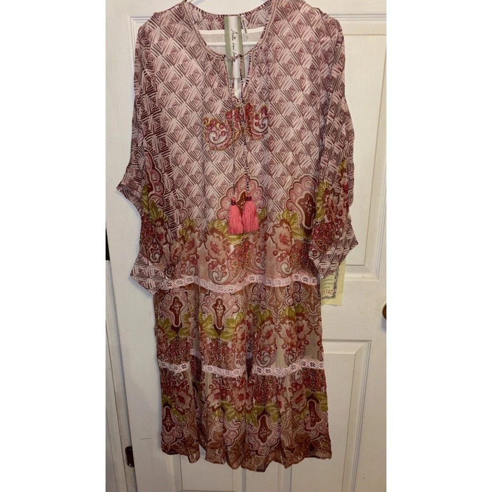 NWT $204 Aratta Silent Journey L Aeris Dress Pink Tiered Midi Beaded w/ Liner